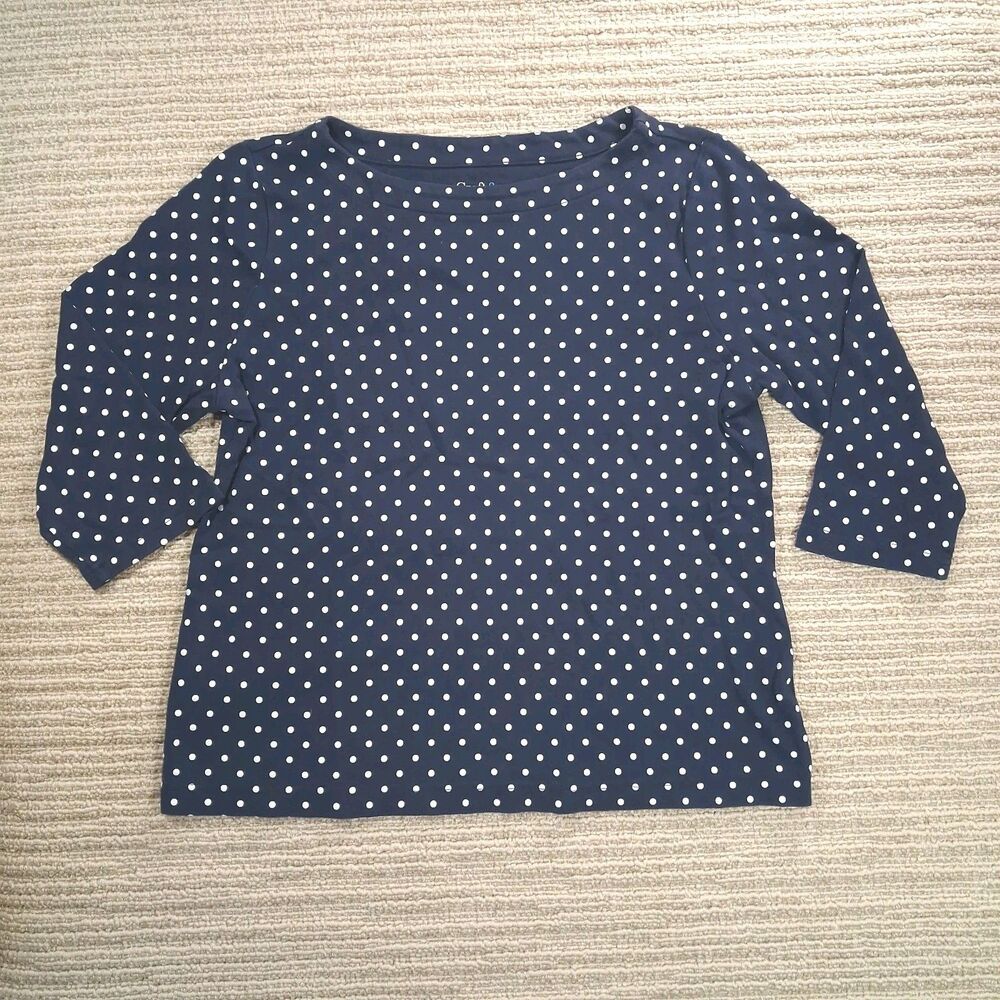 Croft & Barrow Petite PM Navy Blue Polka Dot Boat Neck 3/4 Sleeve Cotton TOP